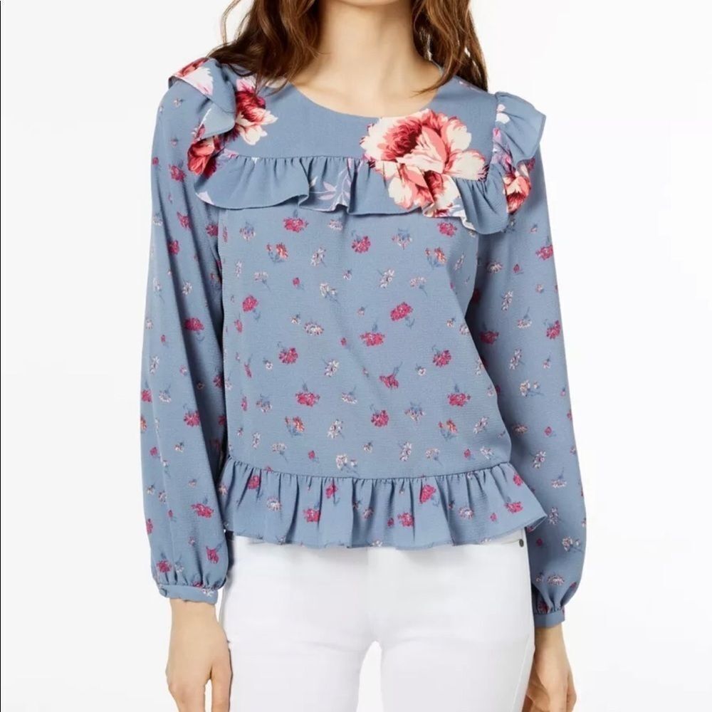 Jill Stuart floral ruffled long sleeve blue top M